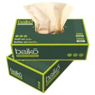 Baiko Bamboo Facial Tissue Box | 100 Pulls x 2 Packs | Chemical Free Ultra Soft and Absorbent Tissues | Car Tissue Box | 2 Ply 200 Pulls