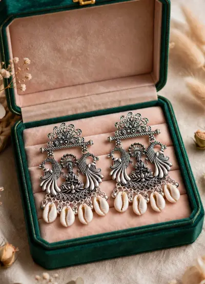 Goddess Lakshmi Temple Earrings with Cowrie Dangles