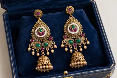 Antique Gold Jhumka Earrings with Pearls