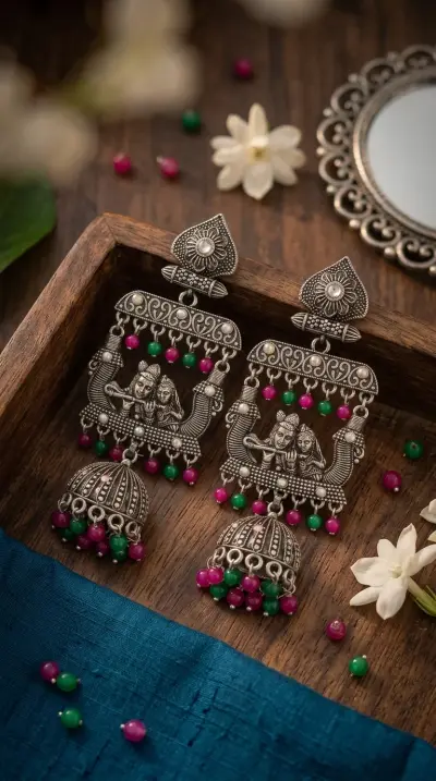 Radha Krishna Jhumka Earrings, Oxidised Silver