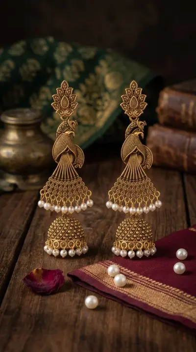 Antique Gold Peacock Jhumka Earrings