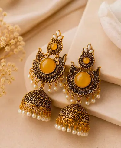 Antique Gold Jhumka Earrings with Yellow Stone