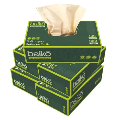 Baiko Bamboo Facial Tissue Box | 100 Pulls x 5 Packs | Chemical Free Ultra Soft and Absorbent Tissues | Car Tissue Box | 2 Ply 500 Pulls