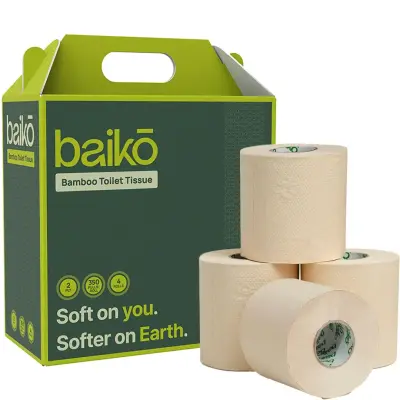 Baiko Bamboo Toilet Tissue Pack of 4 Rolls, 2 Ply, 1400 Pulls (4 x 350 Pulls per Roll)