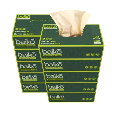 Baiko Bamboo Facial Tissue Box | 100 Pulls x 10 Packs | Chemical Free Ultra Soft and Absorbent Tissues | Car Tissue Box | 2 Ply 1000 Pulls