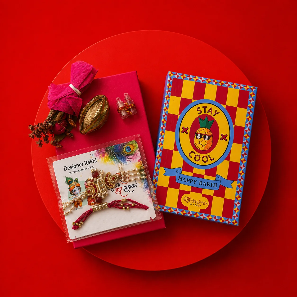 Red Kundan Bhai Rakhi with Pearl Bracelet