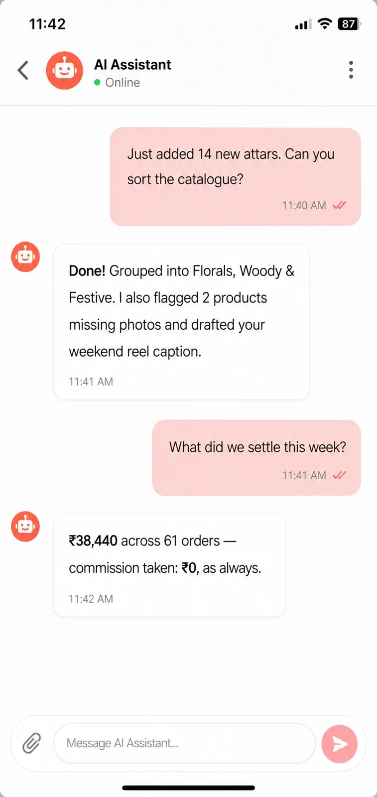 GrabLocal One AI organising a maker's catalogue and orders